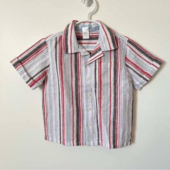 Janie and Jack Boys Linen Cotton Button Down Shirt Beach Vertical Stripe 4 July - Picture 1 of 8